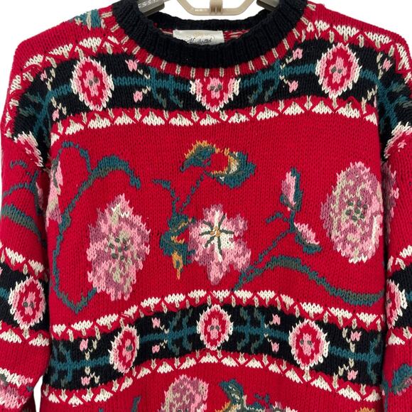 Express Vintage 80s Hand Knit Floral Tunic Sweater Oversized XS S Medium - Picture 2 of 7